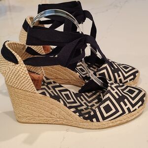 Tory Burch Geo Print Platform Wedge Espadrilles Navy White Boho Sandals